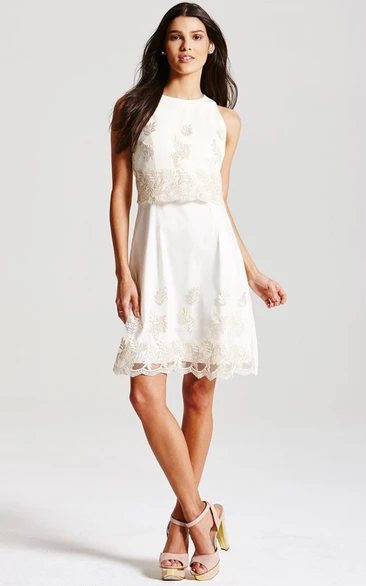 High-Neck Sleeveless Knee-Length Dress With Lace