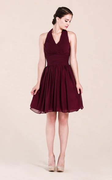 Halter A-line Short Chiffon Dress With Pleats