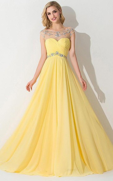 A-line Sleeveless Bateau Chiffon Ruched Sweep Train Dresses