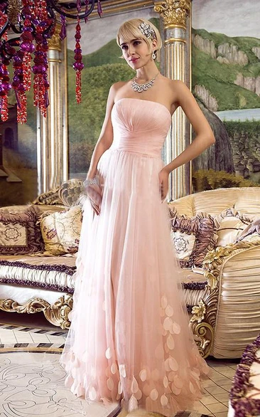 A-line Strapless Sleeveless Floor-Length Tulle Applique Dresses