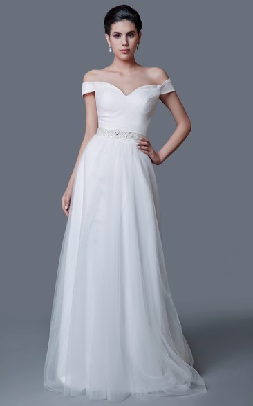 Feminine Off-the-shoulder A-line Tulle Dress With Belt