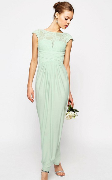 Sheath Ankle-Length Bateau Neck Cap Sleeve Lace Chiffon Bridesmaid Dress