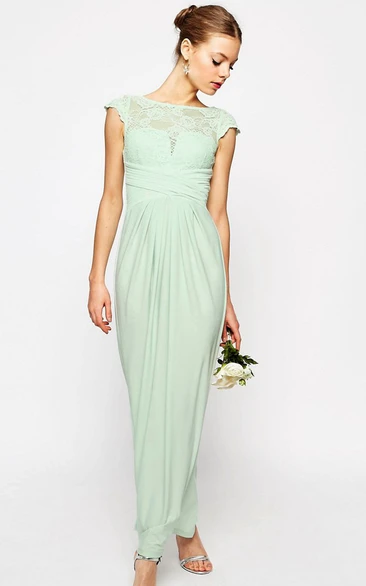 Sheath Ankle-Length Bateau Neck Cap Sleeve Lace Chiffon Bridesmaid Dress