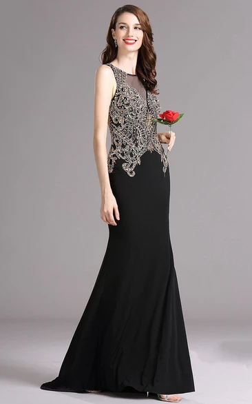 Sheath Floor-Length Jewel Sleeveless Jersey Beading Keyhole Dress