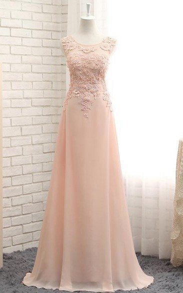 A-line Maxi Beading Appliques Zipper Chiffon Lace Dress