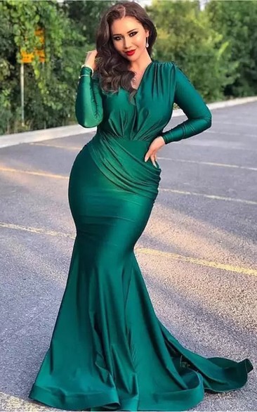 Modern Mermaid V-neck Sweep Train Satin Prom Dress