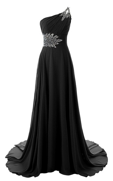 One-shoulder Chiffon Gown With Beaded Detail