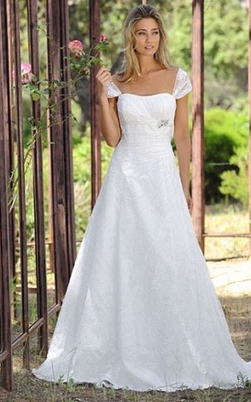 A-Line Cap Sleeve Strapless Ruched Lace Wedding Dress