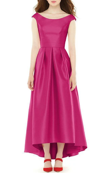 High-low Cap-sleeve Bateau Pleated Satin Dress