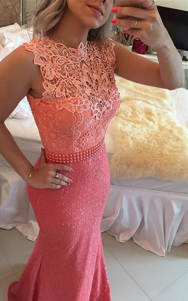 Timeless Sleeveless Lace Pearls Prom Dresses Mermaid Long Zipper Back