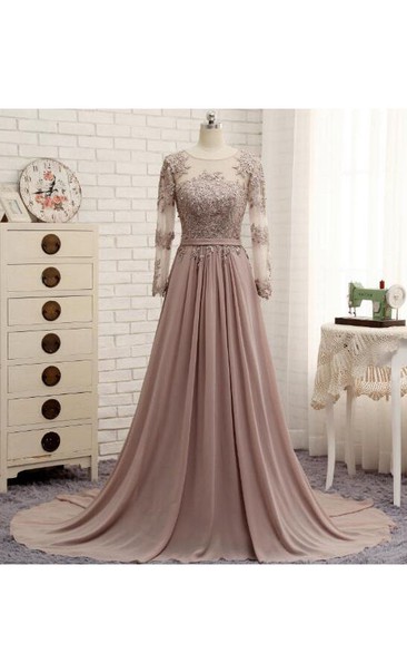 A-line Scoop Neck Long Sleeved Appliqued Chiffon Dress