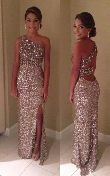 sheath One-Shoulder Sleeveless Sequins Floor-Length Dresses