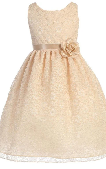 Sleeveless Scoop-neck A-line Lace Dress With Flower