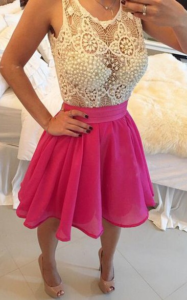 Modern Sleeveless Chiffon Short Cocktail Dress Pearls Lace