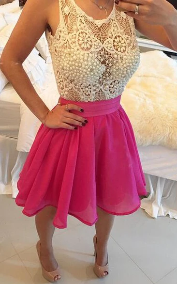 Modern Sleeveless Chiffon Short Cocktail Dress Pearls Lace