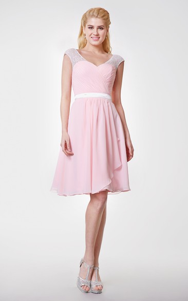 V-neck Knee Length Chiffon Side-draped Dress With Sash