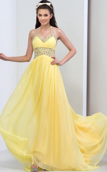 A-Line Halter Beaded Ruffles Prom Dress