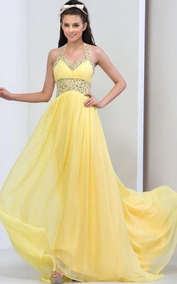 A-Line Halter Beaded Ruffles Prom Dress