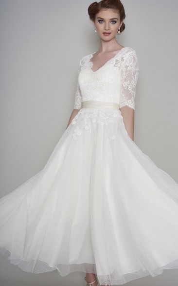 Simple Lace and Organza Half Sleeve Ankle Length Bridal Gown with applique