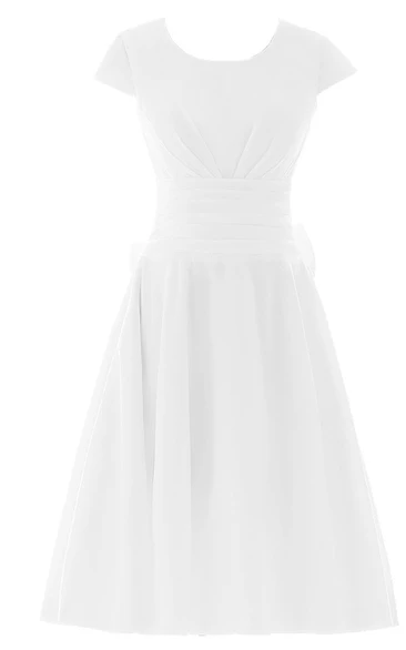 Short Sleeve Ruched Sash Midi-length Pleated Chiffon Dress