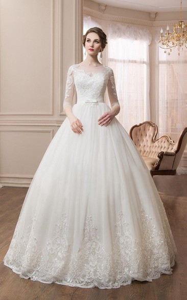 Scoop Long Sleeve Ball Gown Dress With Illusion Sleeves