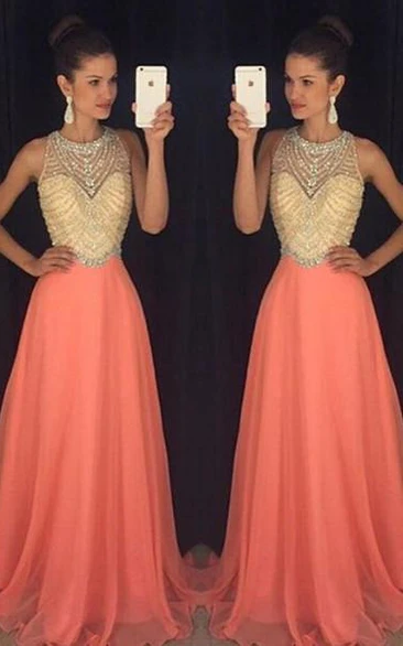 Classic Sleeveless Beadings Crystal Prom Dresses Long Chiffon