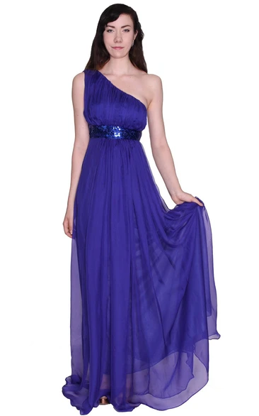 One-shoulder Sequined Waistband Long Pleated Chiffon Dress