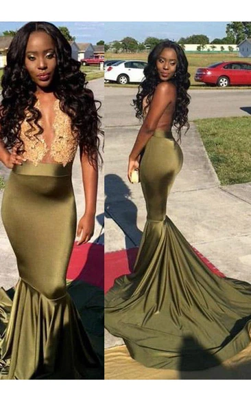 Mermaid Trumpet Satin Scoop Sleeveless Illusion Dress