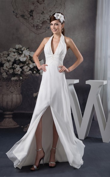 Plunged Front-Split Chiffon Halter and Dress With Ruching