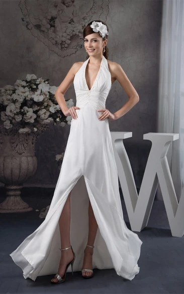 Plunged Front-Split Chiffon Halter and Dress With Ruching