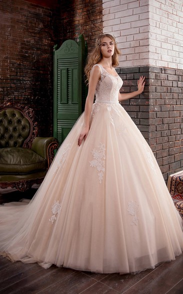 Ball Gown Maxi Square Sleeveless Deep-V-Back Tulle Dress With Appliques