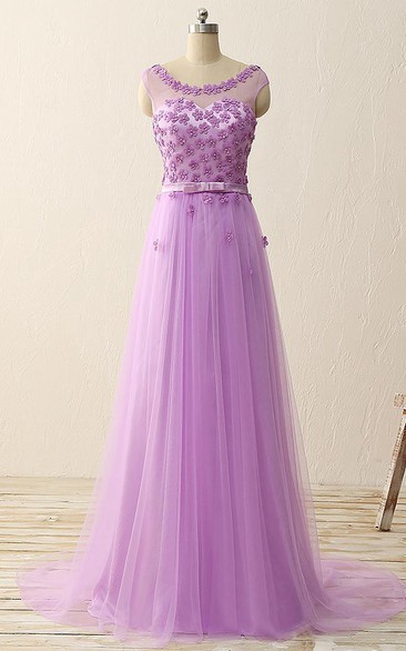 Long Cap Flower A-line Tulle Dress with Illusion Style