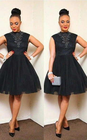 Sexy Black Short Tulle Prom Dress Appliques High Neck