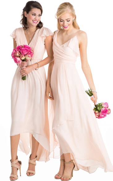 High-Low Cap Sleeve Ruched V-Neck Chiffon Muti-Color Convertible Bridesmaid Dress