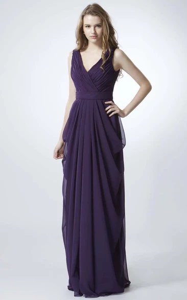 Sheath Sleeveless V-Neck Ruched Chiffon Bridesmaid Dress With Draping