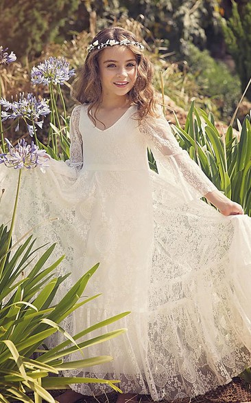 Lace Bohemian Simple Flower Girl Dress With Bell Sleeves