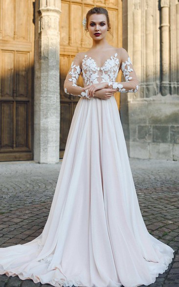 Bateau Illusion Long Sleeve Appliqued A-Line Chiffon Wedding Dress