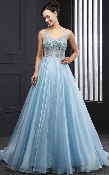 A-Line V-Neck Beading Sequins Sweep Train Prom Dress