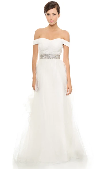 Long Off-shoulder Empire Organza Dress With Beaded Belt