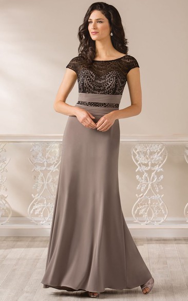 Cap-Sleeved Long Mother Of The Bride Dress With Bateau-Neck And Square Back