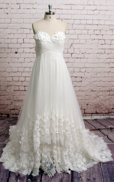 Empire Sweetheart Lace and Tulle Dress With Petals and Crisscross Ruching