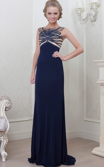 A-Line Sleeveless Long Bateau-Neck Jersey Evening Dress