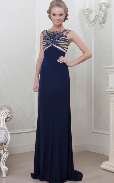 A-Line Sleeveless Long Bateau-Neck Jersey Evening Dress