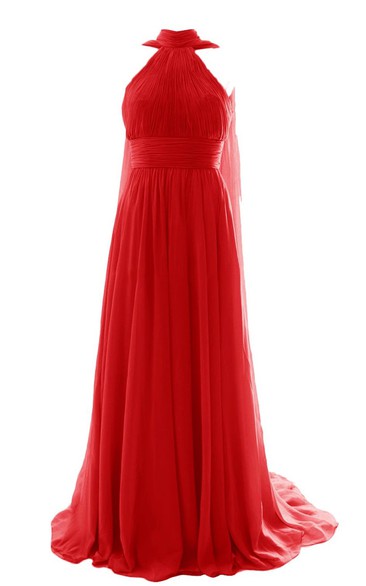 High-neck Court Train With Satin Belt and Key-hole Back