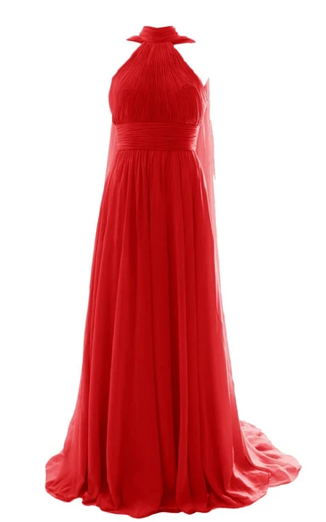 High-neck Court Train With Satin Belt and Key-hole Back