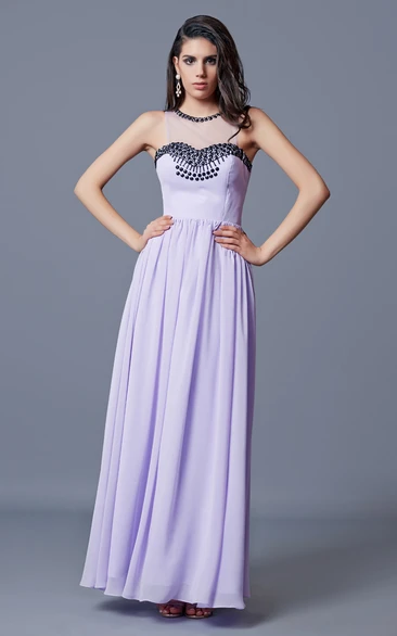 Jewel Neckline Pleated A-line Long Chiffon Dress