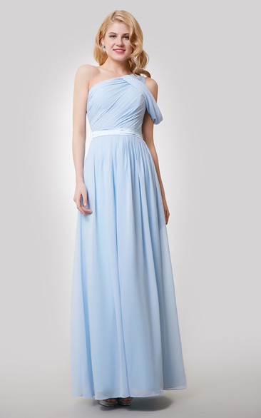 One-Shoulder Ruched Floor Length A-Line Chiffon Dress With Satin Sash