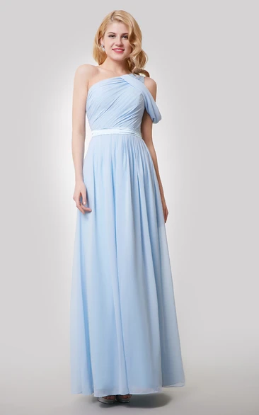 One-Shoulder Ruched Floor Length A-Line Chiffon Dress With Satin Sash