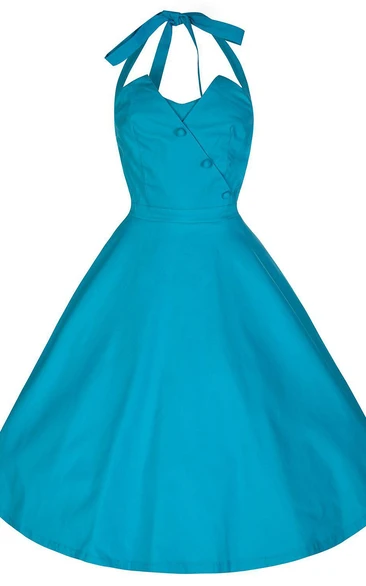Halter A-line Tea-length Dress With Buttons