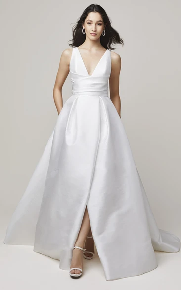 Modern Satin A Line V-neck Bridal Gown with Split Front